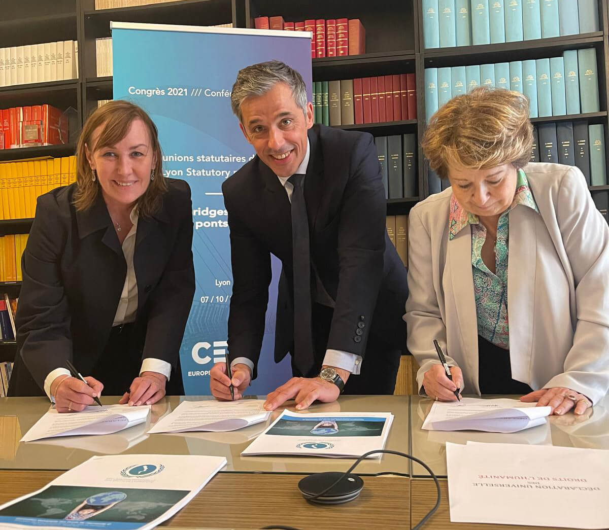 Maxime Legrand, Madeléine Gilbert and Corinne Lepage, signature of the DDHU, in Paris, 18 June 2024