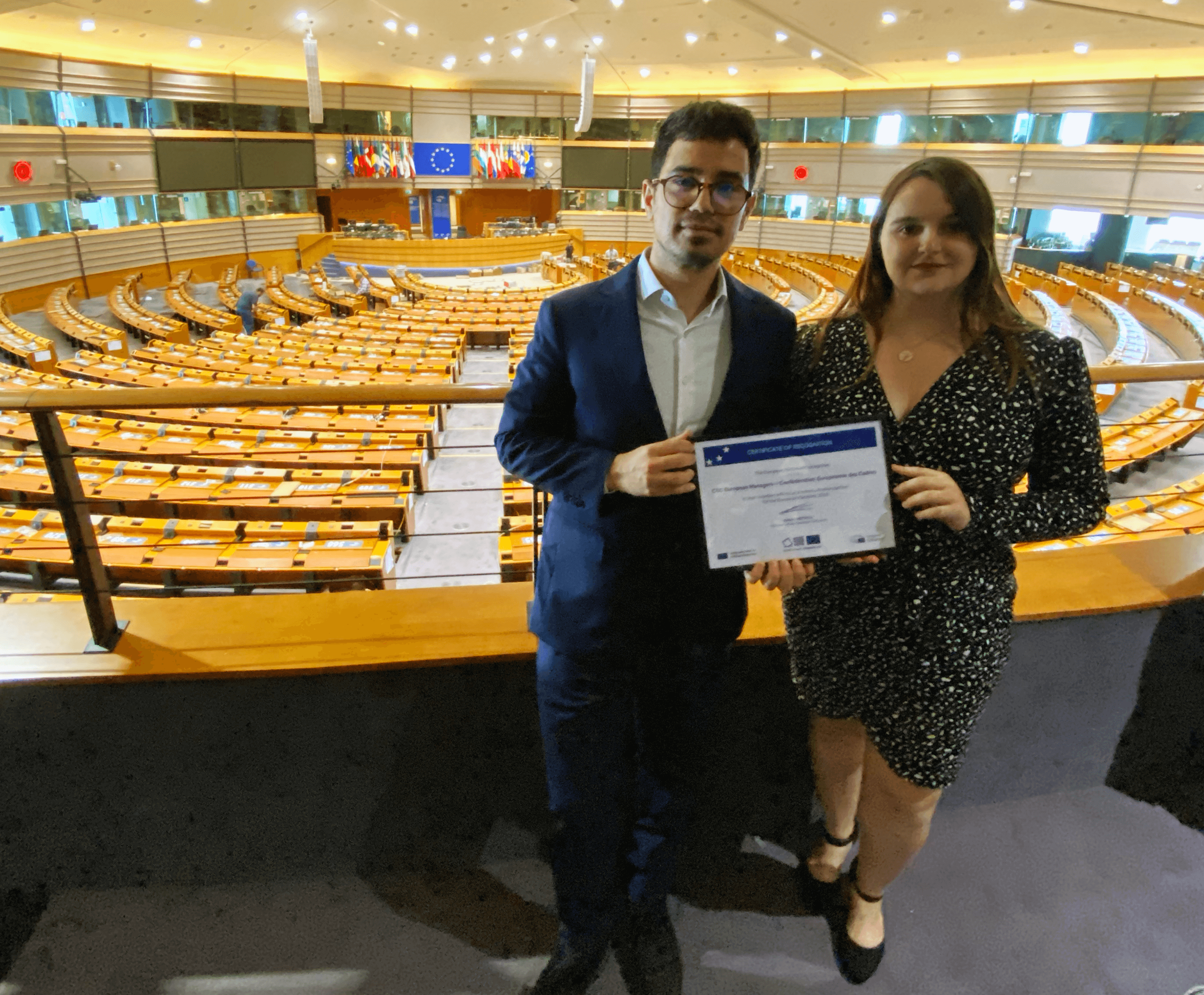 Pere Vilanova (Communications Officer) and Olga Molina (Director) at the EU Parliament